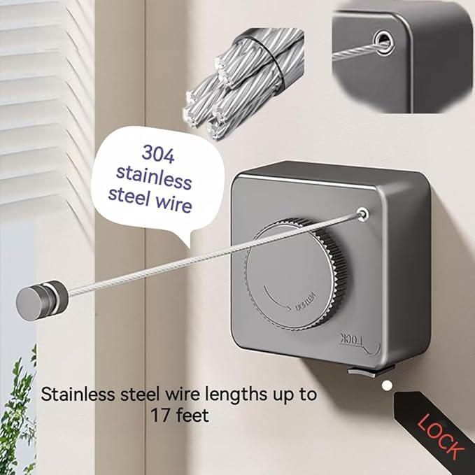 Retractable Clothesline, Wall Mounted, Stainless Steel, 17 Ft Indoor Outdoor (Black)