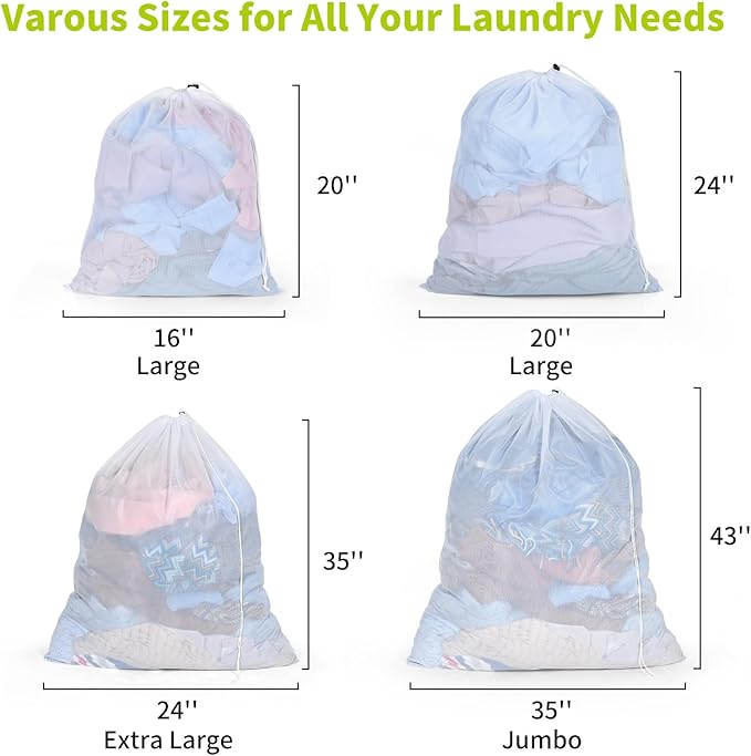 OTraki Large Mesh Laundry Bag 36 x 43 Inch Drawstring Laundry Wash Bags, 2 Pack Dirty Clothes Net Laundry Bag Heavy Duty Travel Storage Organize Bag for Home Apartment Dorm Camp Hotel Beach, White
