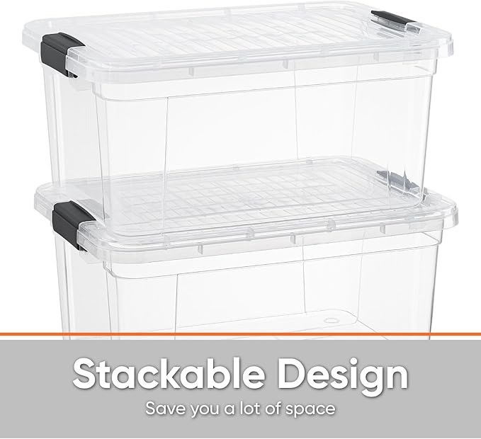 Superio Storage Bins with Lids- 4 Pack, 6.6 Qt Clear Boxes for Organizing, Stackable Plastic Containers- BPA Free, Non-Toxic, Odor Free, Organizer for Home, Office, Dorm
