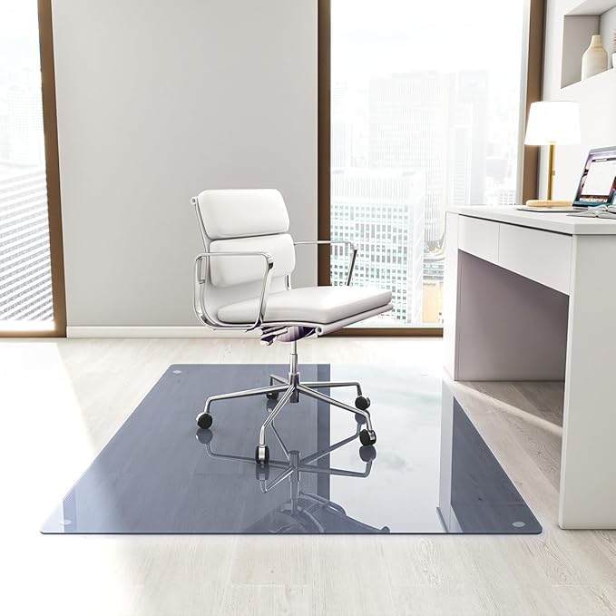 [Tempered Glass] 46" x 55" Glass Chair Mat, Heavy Duty Hard Tempered Glass Mat with Round Corner and Polished Edge, Transparent Glass Office Chair Mat for Office and Home Hard Floor or Carpeted, Grey