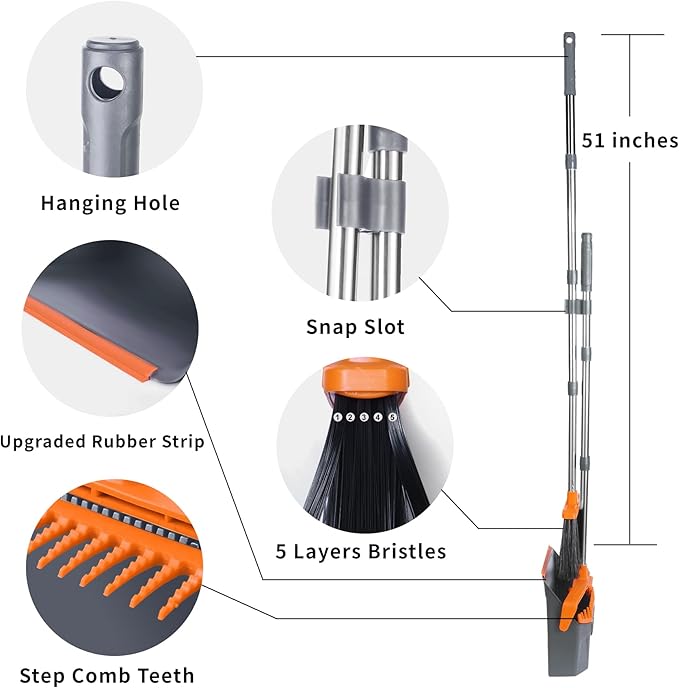 Broom and Dustpan Set with 51'' Long Handle, Upright Broom and Dustpan Combo for Home Kitchen Office Restaurant Garage Lobby Dog Cat Pets Hair - Grey and Orange