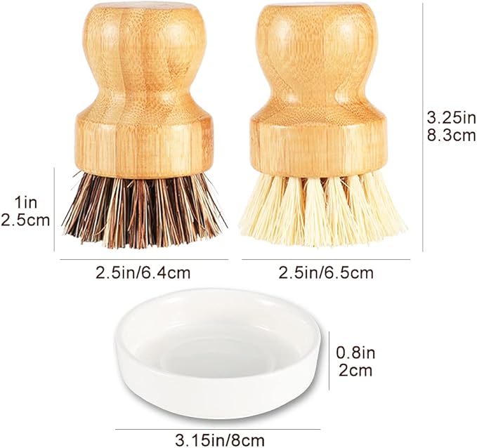 Bamboo Brush Dish Scrubber Clean Pan and Vegetable, Natural Bristles Palm Pot Brush 2 Pack Round Mini Dish Brush with 2 Ceramic Dish for Kitchen Sink Cleaning
