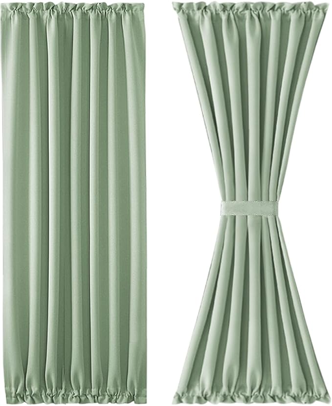 DWCN French Door Curtains – Rod Pocket Thermal Blackout Curtain for Doors with Glass Window, Kitchen and Patio Doors for Privacy, 54 X 72 Inches Long, 1 Curtain Panel with Tieback, Bean Green