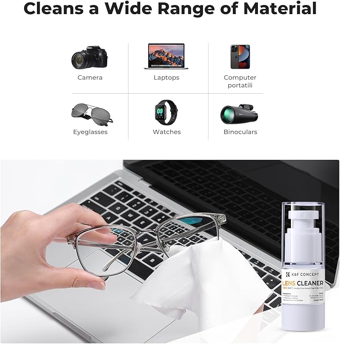 K&F CONCEPT Spray and Microfiber Lens Cleaner Care Kit, Non-Flammable Camera Lens Cleaner and Digital Sensor Cleaning Solution,for Coated Lenses, Binoculars, Scopes, Cameras, and Glasses