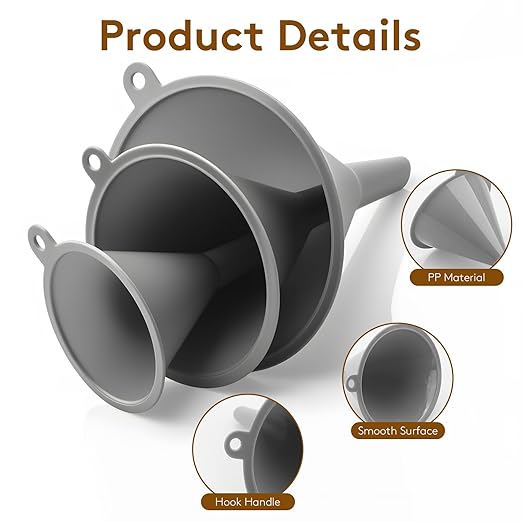 3Piece Plastic Kitchen Funnel Set, Multifunctional Funnels for Filling Bottles Canning Car Oil Funnels,Small Medium Large Round Food Funnel for Cooking, Lab, Automotive Use