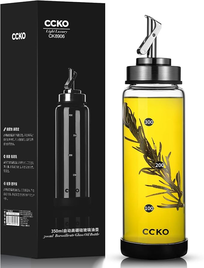 Glass Olive Oil Dispenser Bottle with Stainless Steel Spouts - Shatterproof 350ml Cooking Oil & Vinegar Cruet Bottle - Carafe for Kitchen