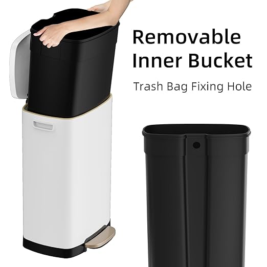 KUK 13 Gallon Kitchen Trash Can with Lid, 50L/13Gal Office Step Garbage Can for Home, Kitchen, Laundry Room, Office, Brushed Stainless Steel, White