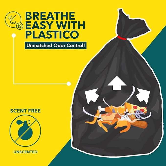 Plastico Extra Tall Kitchen Trash Bags - 18 Gallon, Black, 36 Garbage Bags, Extra Strong, Easy Drawstrings - Odor Guard Control, Unscented, 1.1 Mil Thick Plastic