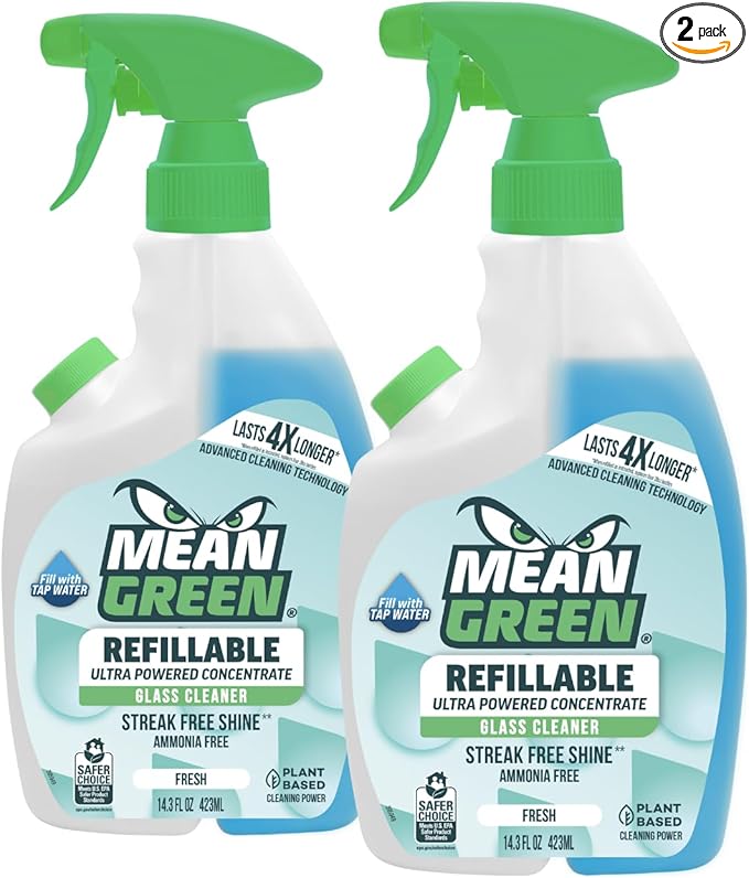 Mean Green Refillable Ultra Powered CONCENTRATE Glass Cleaner, Fresh, 14.3 Ounce 2-Pack