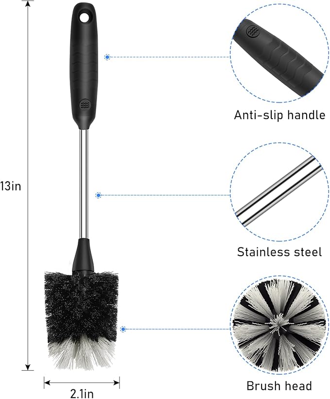 SetSail Bottle Brush of 3 Pack, 13-in Long Stainless Steel Handle Water Bottle Cleaner Brush Non-Slip Grip Bottle Brushes for Cleaning Water Bottles Sport Bottles Coffee Mugs Glasswares Cups, Black