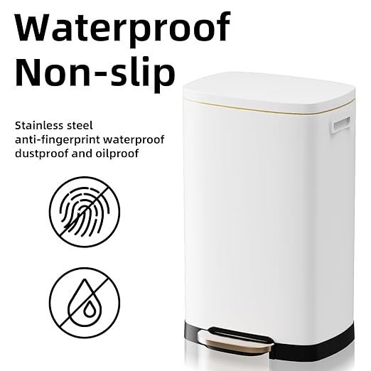 13 Gallon Trash Can with Lid, 50L Fingerprint Proof Stainless Steel Kitchen Trash Can with Removable Inner Bucket and Lid Soft Close, Pedal Rubbish Bin for Home Office, White
