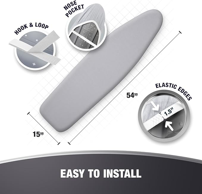 Extra Thick Ironing Board Covers with Pad Standard Size 15x54, Heat Reflective Full Scorch Resistant Padding, Snug Fit Non-Slip Nose Pocket Fastener Straps Elastic Edges, Gray