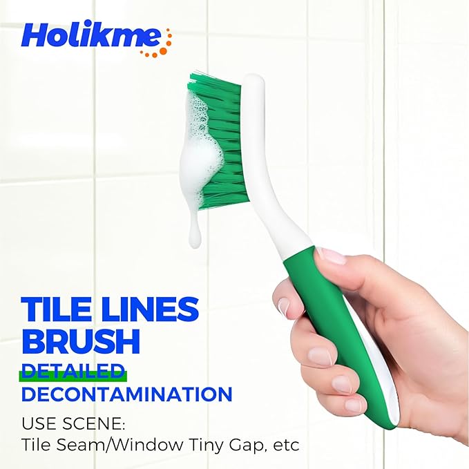 Holikme Cleaning Brush Set for Household Use, Scrub Brush, Kitchen Brush, Tile Lines Brush for Bathroom, Floor, Tub, Shower and Kitchen Surface (Green)