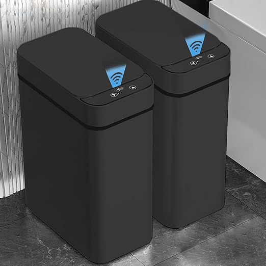 Yatmung 2 Pack - Skinny Trash Bin Sensor Motion 2.5 Gallon Touchless Bathroom Trash Can - Smart Trash Can with Lid - Electric, Narrow, Plastic, Auto Open - Small Slim Automatic Garbage Can (Black)