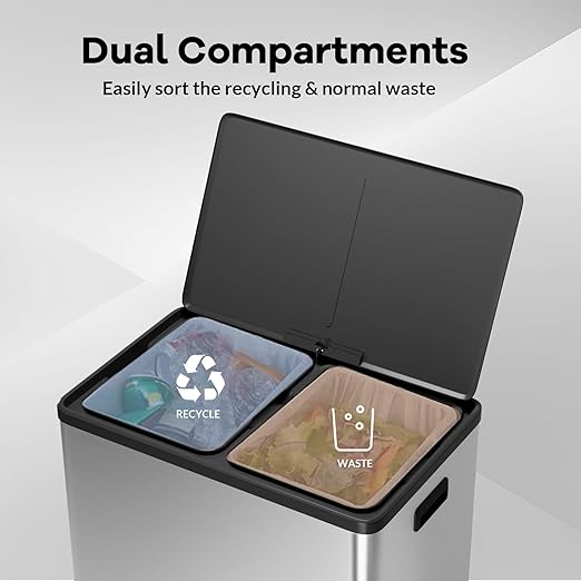 GarveeHome Step Dual Trash Can, 60L/16 Gallon Recycle Bins with Lid, 2 Removable Wastebusket, Step Pedal, Large Stainless Steel Double Trash Bin for Kitchen, Bathroom