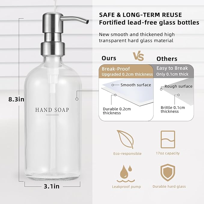 Glass Soap Dispenser - Dish Hand Soap Dispenser Set for Kitchen, Bathroom Soap Lotion Dispenser with 304 Rust Proof Pump, Tray, Clear Bottle/Silver Pump