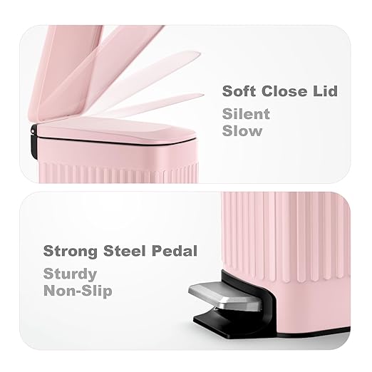 TrashAid Pink Bathroom Trash Can, 1.6 Gallon Stainless Steel Small Garbage Can with Lid, Step Pedal, Cute Wastebasket for Bathroom, Office, Bedroom, RV, Pink