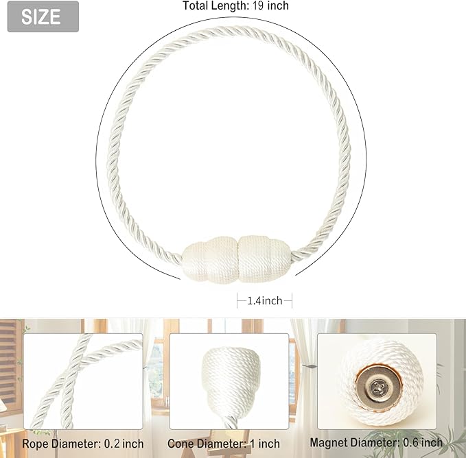 Magnetic Curtain Tiebacks Rope Curtain Tie Backs for Curtains 4 Pack Curtain Holders for Drapes Decorative Window Curtain Holdbacks, White