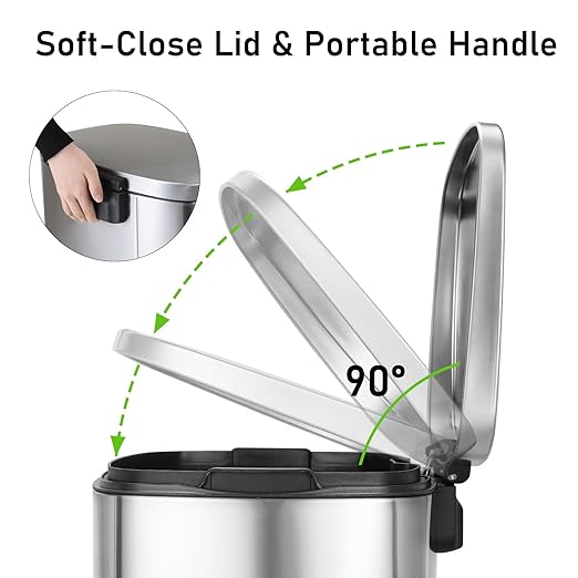 Arlopu 13.2+1.3 Gallon Step Trash Can, Stainless Steel Garbage Bin, Soft-Close Rubbish Bin with Removable Plastic Inner Bucket, Fingerprint-Proof, Lid Dustbin, for Kitchen Home (Silver)