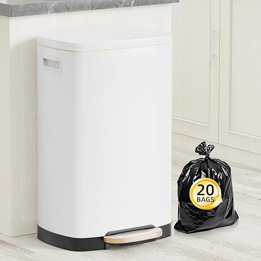 13 Gallon Trash Can with Lid, 50L Fingerprint Proof Stainless Steel Kitchen Trash Can with Removable Inner Bucket and Lid Soft Close, Pedal Rubbish Bin for Home Office, White
