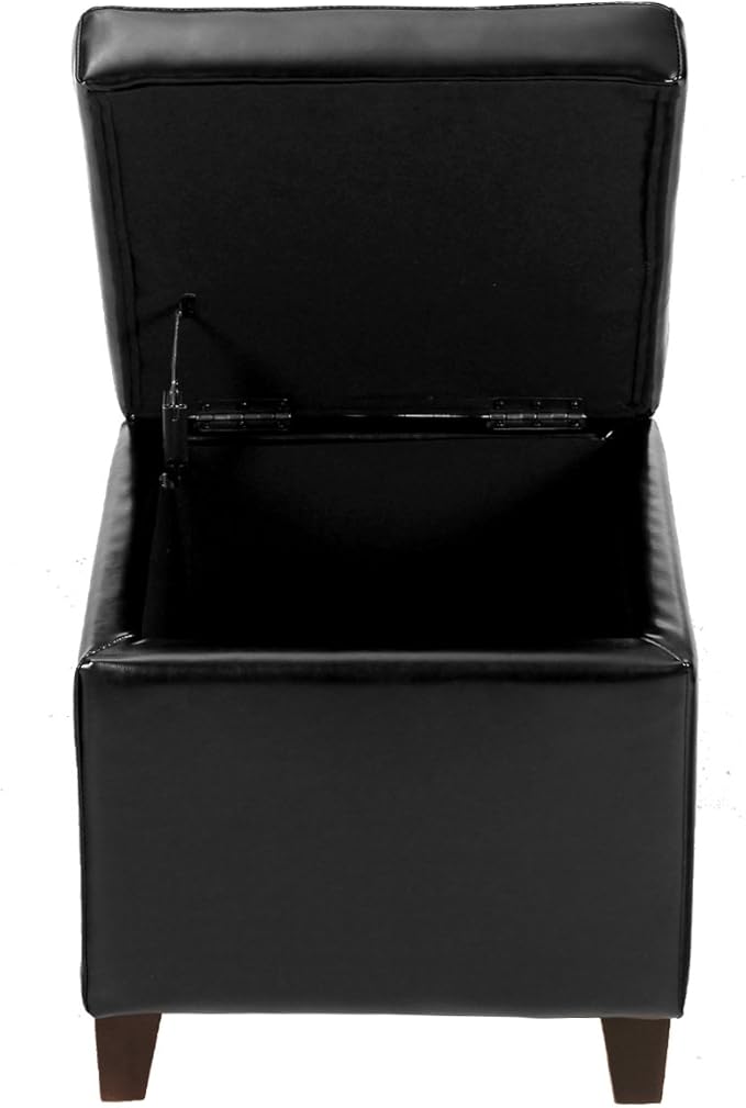 Adeco Storage Ottoman Foot Rest Stool, Leather Ottoman Footstool with Wood Legs and Hinged Lid, 18" Small Foot Stool Bench for Living Room, Bedroom, Black