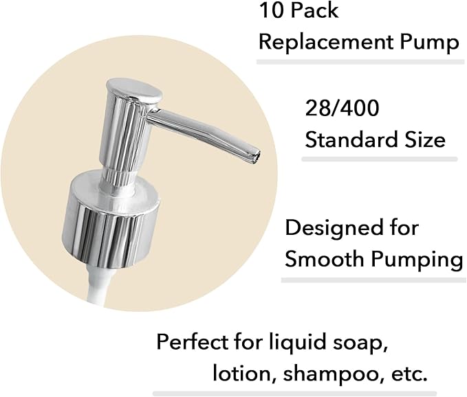 Soap Dispenser Pump Head Replacement 10 Pack, 28/400 Threads Standard Size, for Bathroom and Kitchen (Clear Silver)
