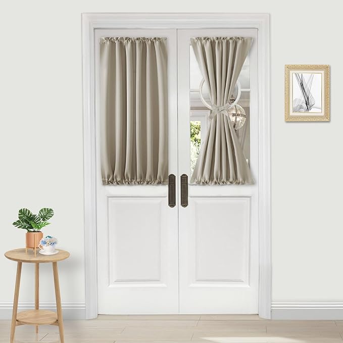 DWCN French Door Curtains – Rod Pocket Thermal Blackout Curtain for Doors with Glass Window, Kitchen and Patio Doors for Privacy, 25 X 40 Inches Long, 1 Curtain Panel with Tieback, Taupe