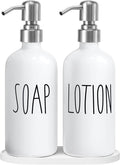MOMEEMO Hand Soap Dispenser for Bathroom, Soap and Lotion Dispenser Set with Silver Metal Pump, Suitable for Farmhouse Bathroom Decor. (White & Silver)