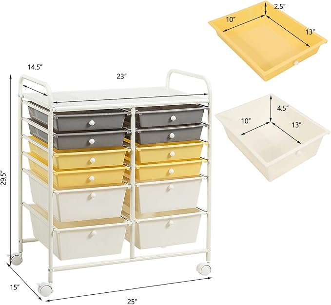 GOFLAME 12-Drawer Rolling Storage Cart, Multipurpose Organizer Cart with 2 Sizes Plastic Drawers, Mobile Utility Cart with Lockable Casters for School, Home Office, Beauty Salon, Yellow