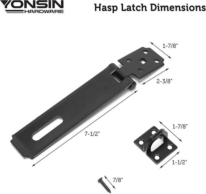 7-1/2" Door Padlock Safety Hasp Latch Heavy Duty, Door Hasp Clasp Lock Gate Shed Hasp Latch Lock for Door Window Fence Gate Barn, 304 Stainless Steel, Thickness 1/8”, Black, 1 Pack