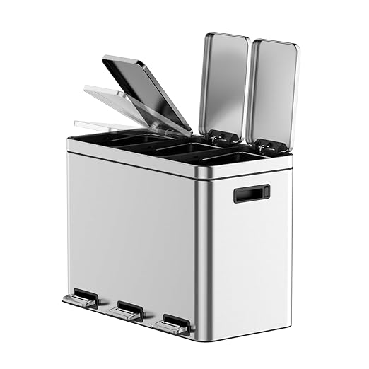 3 x 4 Gal (3 x 15L) Trash Can, Stainless Steel Triple Compartment Step-On Recycling Bin with Soft-Close Lids & Removable Plastic Inner Buckets for Kitchen, Home, Office