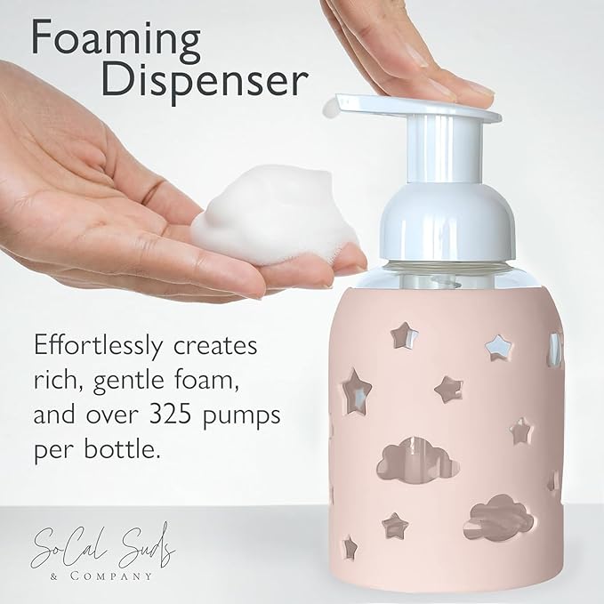 SoCal Suds & Company Glass Foaming Hand Soap Dispenser, Soft Grip Silicone Sleeve, Refillable Pump Bottle for Kids, Baby Wash & Shampoo, Ideal for Home Use, Light Pink 8oz