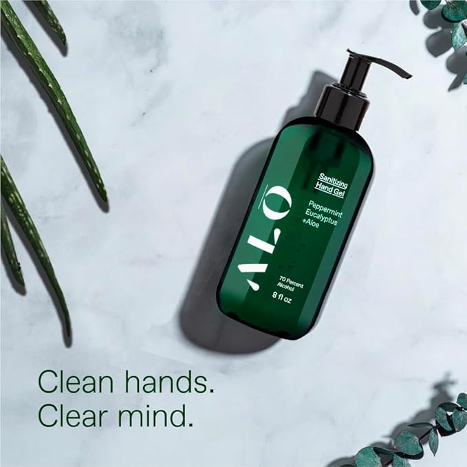 ALŌH Sanitizing Hand Gel 2-pack | Peppermint Eucalyptus + Aloe | 70% Alcohol Hydrating Hand Sanitizer Gel with Essential Oil, for Kids & Adults | 8oz Bottle (Set of 2)