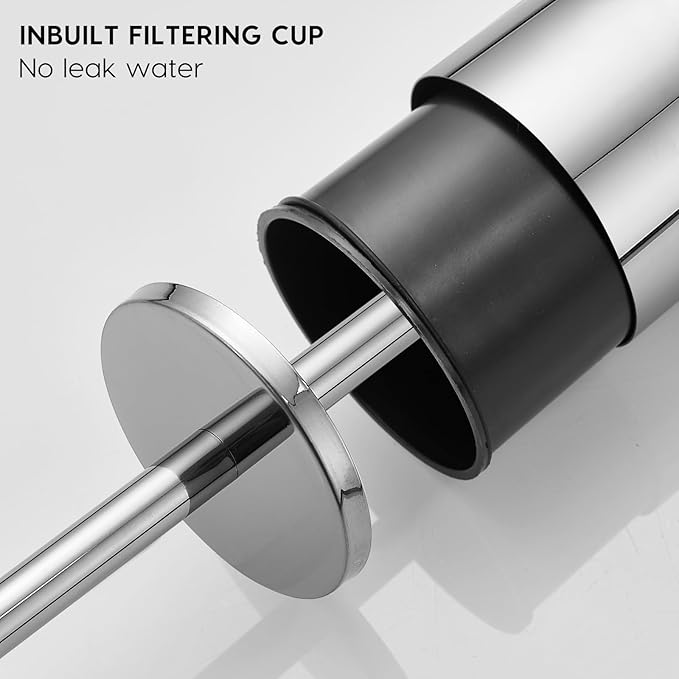 Toilet Brush and Brush Holder, Stainless Steel No-Punch Hook Base Dual Purpose Toilet Brush Holder with Removable Inner Bucket and Splash Cover - Soft Bristles (Chrome)