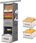 5-Tier Hanging Organizer for Closet, Fabric Closet Organizer with 2 Hooks, 2 Pull-Out Drawers, Foldable Space-Saving Storage (Gray)