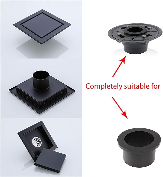 RANDOM Black Shower Drain Square with Removable Tile Insert 6 Inch Drain Cover and Hair Strainer,SUS 304 Stainless Steel Matte Black Shower Floor Drain