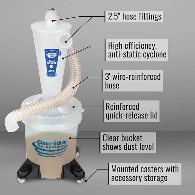 Oneida Air Systems Dust Collector & Cyclone Separator Kit w/ Clear Bucket, 2.5 Deluxe 5-Gal - Portable Cyclone Machine for Wet and Dry Shop Vacuums