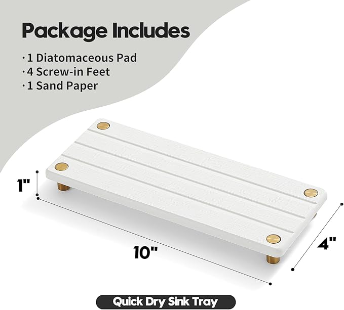 Instant Dry Sink Caddy Kitchen Sink Organizer, Quick Drying Diatomaceous Earth Stone Sink Tray Sponge Holder Soap Dish, Bathroom Countertop Vanity Dispenser Toothbrush, Gold White, 10" x 4"