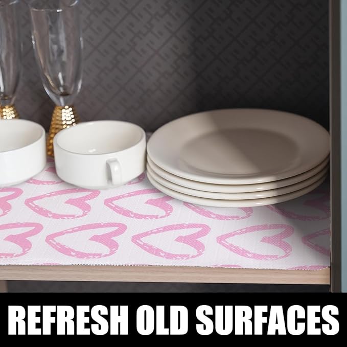 Pink Heart Drawer Liner for Cabinets, Shelf Liner Non-Adhesive and Strong Non-Slip Cabinet Drawer Liners for Kitchen,Table,Bookshelves,Waterproof Cupboard Liners,12IN x 10FT