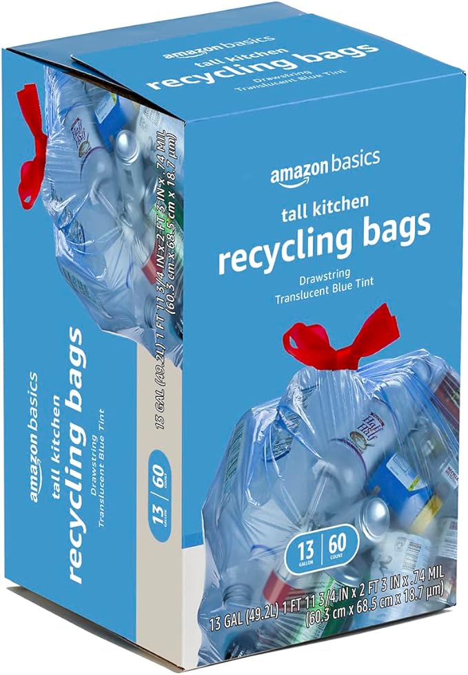 Amazon Basics Blue Recycling Trash Bags, Unscented, 13 Gallon, 60 count (Pack of 2)