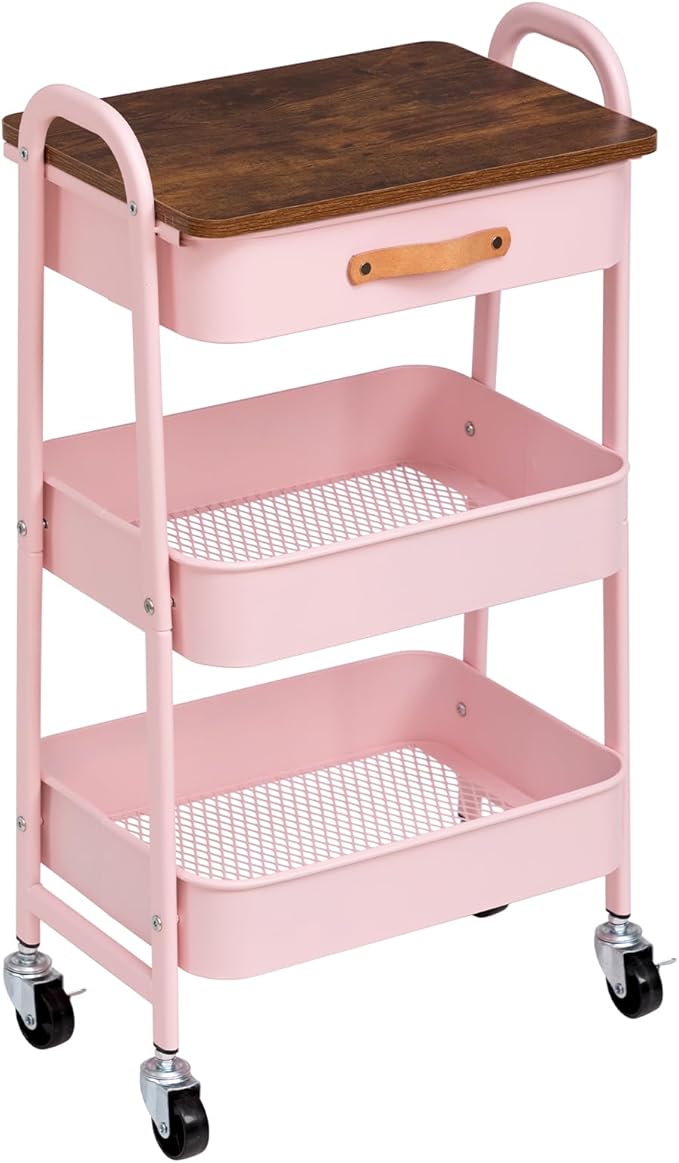 AGTEK Makeup Organizer Cart with Drawer, 3-Tier Metal Utility Cart with Hanging Cups, Leather Handle, Mobile Trolley for Home & Office, Pink