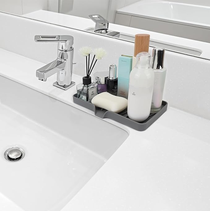 YASMEN Silicone Bathroom Soap Dishes, Sink Sponge Holder for Kitchen, Rubber Soap Dish with Drain, Shower Soap Sponge Tray, Sink or Counter Organizer, for Bar Soap, Bottle, Dish Soap Dispenser-Gray