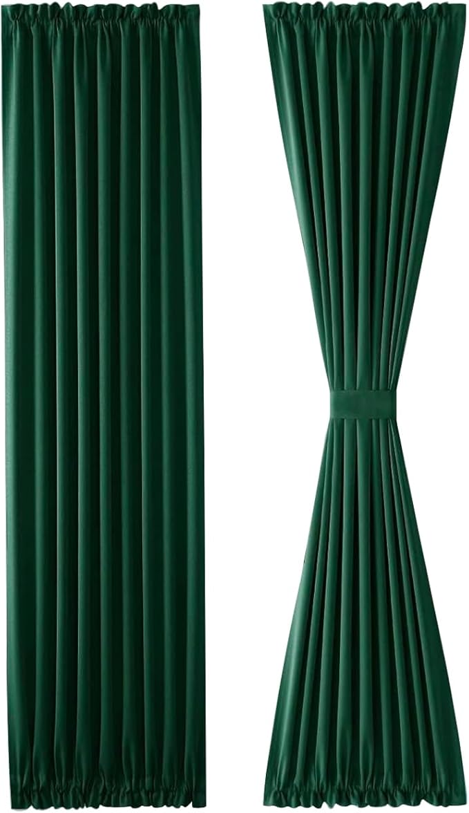 DWCN French Door Curtains – Rod Pocket Thermal Blackout Curtain for Doors with Glass Window, Kitchen and Patio Doors for Privacy, 36 X 72 Inches Long, 1 Curtain Panel with Tieback,Hunter Green