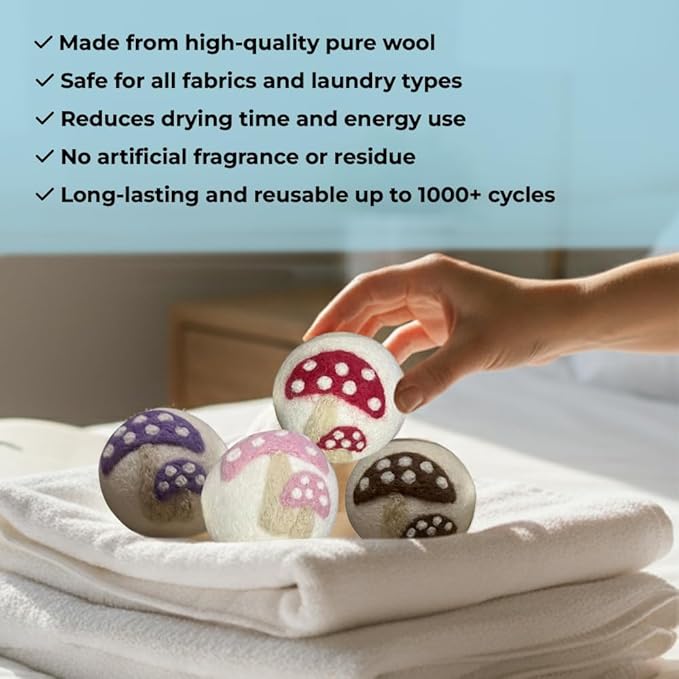 Ezhippie Quality Wool Dryer Balls - 6 XL Mushroom Pack - 1000+ Loads - Pure Organic Wool - Reusable Natural Fabric Softener Perfect with Essential Oils, Reduce Clothing Static and Wrinkles