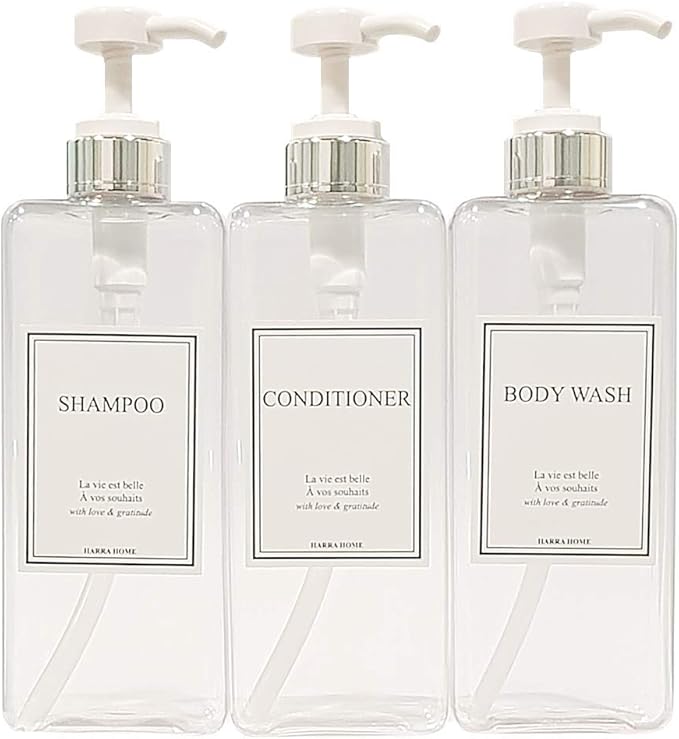 Modern Design Large 27 oz Shampoo and Conditioner Dispensers - Empty Plastic Refillable Pump Bottle Set for Bathroom Shower Soap Dispenser, Set of 3 (Clear & Silver)