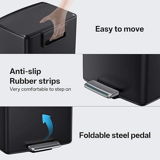 mVm 10.6 Gallon Heavy Duty Step Trash Can with Lid, Foldable Foot Pedal Bin for Kitchen Office Dormitory Home Rooms (Black)