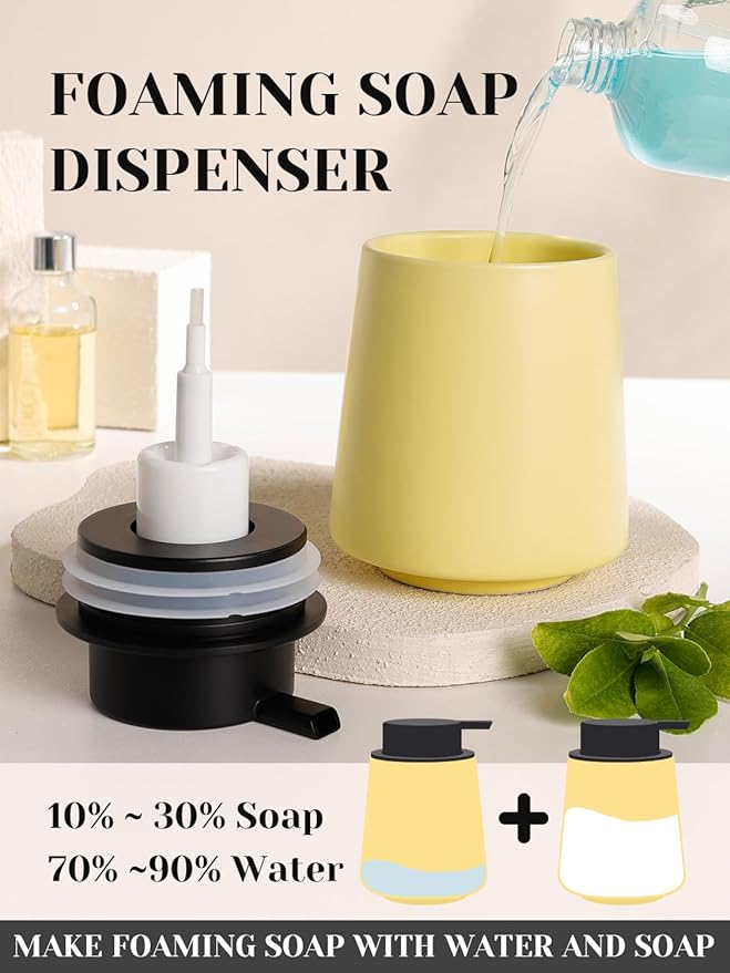 INGOFIN Ceramic Foaming Soap Dispenser -14 oz Foam Hand Soap Dispenser Bathroom, Modern Refillable Dish Wash Bottle for Kitchen with Large Pump, Matte Yellow