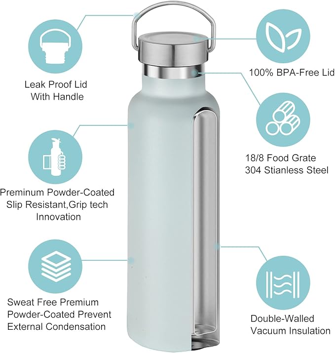 Neihepal 20 oz Insulated Water Bottles Bulk 2 Pack,Stainless Steel Double Wall Sport Bottle with Lid of Handle,Metal Reusable Thermoses Flask with Cup Cap for School,Cyclists,Gift (Fog,Set of 2)