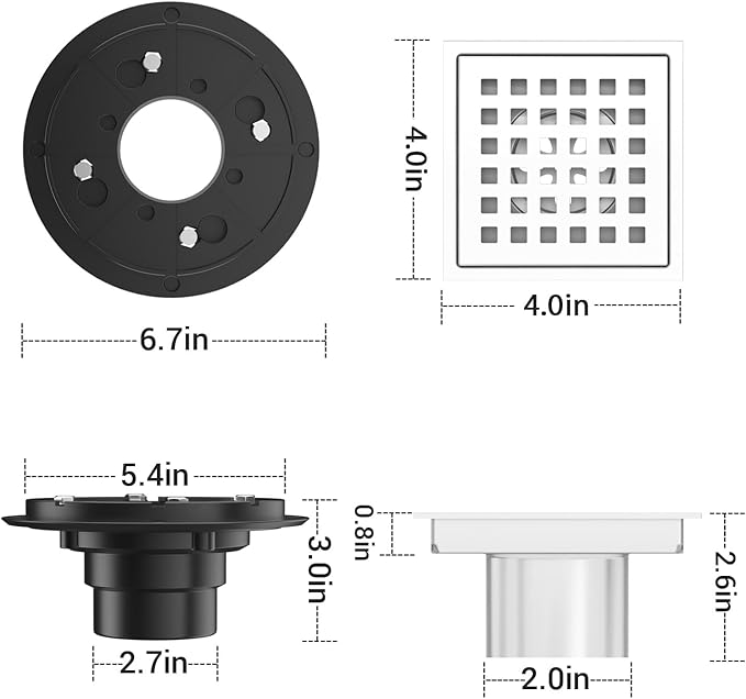 4-3/8 Inch Square Shower Drain Chrome, Bathroom Floor Drain, Stainless Steel Drain Kit with ABS Flange, Removable Grid Cover, Hair Strainer