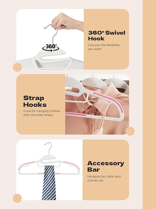 HOUSE DAY Pink Plastic Hangers 50 Pack, Slim Space Saving, Non Slip Hangers with Rubber Pads, Sturdy Coat Hanger for Closet, S-Shaped Clothes Hanger for Shirt, Suit, Pant, Skirt